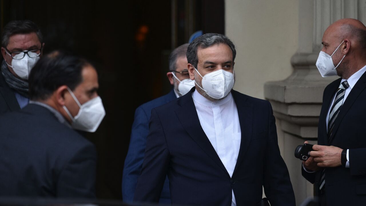 Abbas Araghchi (C), political deputy at the Ministry of Foreign Affairs of Iran, is leaving the Grand Hotel Wien after the closed-door nuclear talks in Vienna on April 16, 2021, where diplomats of the EU, China, Russia and Iran hold their talks.