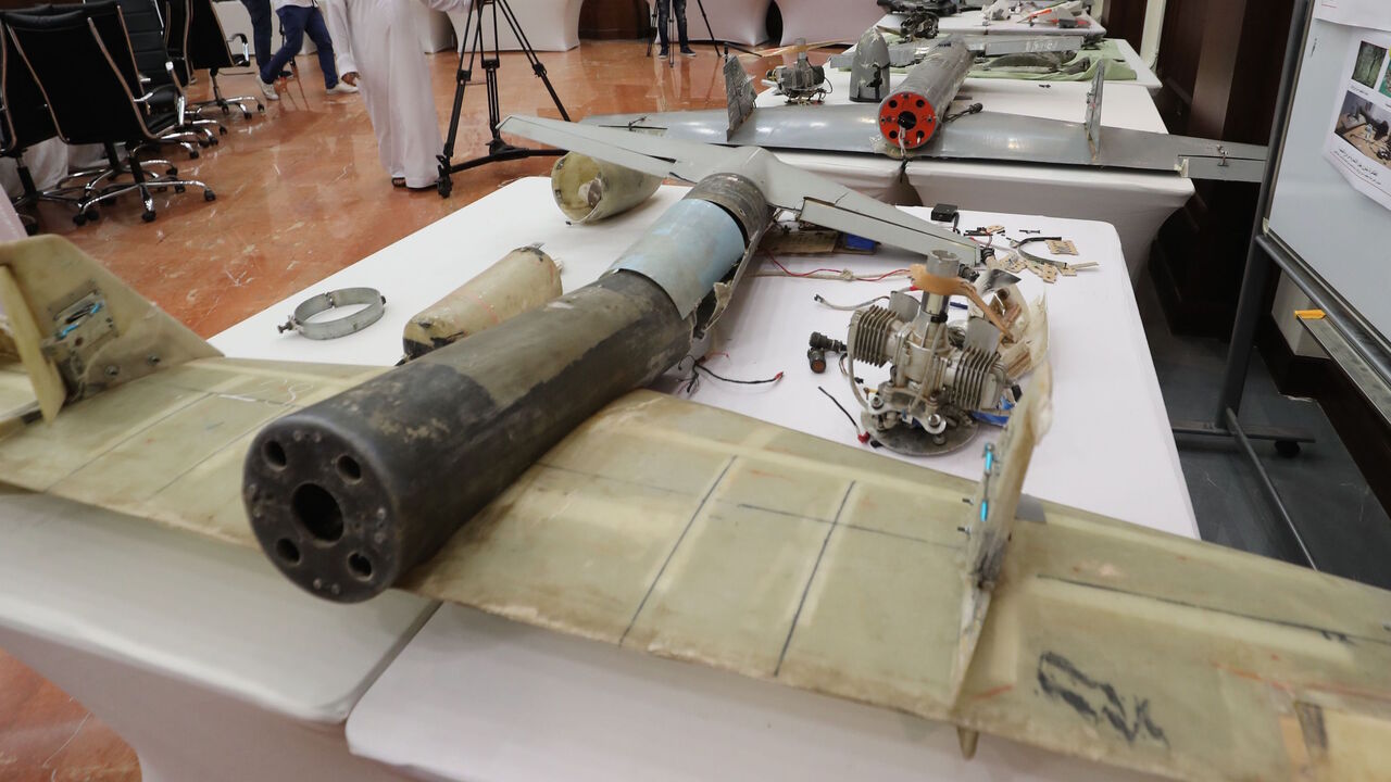 A picture taken on June 19, 2018 shows debris of Iranian-made Ababil drones displayed Abu Dhabi, which the Emirati armed forces say were used by Houthi rebels in Yemen in battles against the coalition forces led by the UAE and Saudi Arabia.