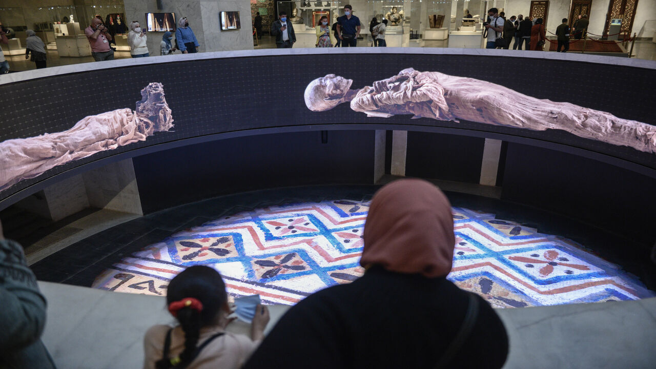 A screening about the royal mummies inside the new National Museum of Egyptian Civilization, in Cairo, Egypt, April 04, 2021.