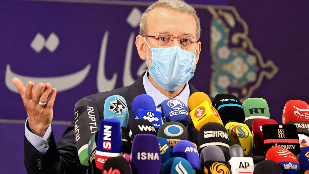 Iran's former parliament speaker Ali Larijani delivers a speech after registering his candidacy for Iran's presidential elections, at the Interior Ministry in capital Tehran, on May 15, 2021, ahead of the presidential elections scheduled for June.