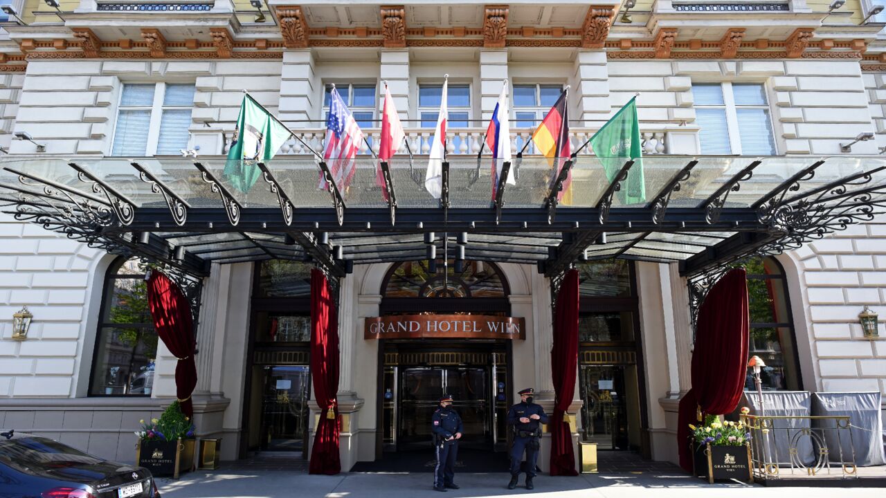 Police guard the Grand Hotel on the day the JCPOA Iran nuclear talks are to resume on April 27, 2021, in Vienna, Austria. Representatives from the United States, Iran, the European Union and other participants from the original Joint Comprehensive Plan of Action (JCPOA) are meeting both directly and indirectly over possibly reviving the plan. The JCPOA was the European-led initiative by which Iran agreed not to pursue a nuclear weapon in exchange for concessions, though the United States, under the administ