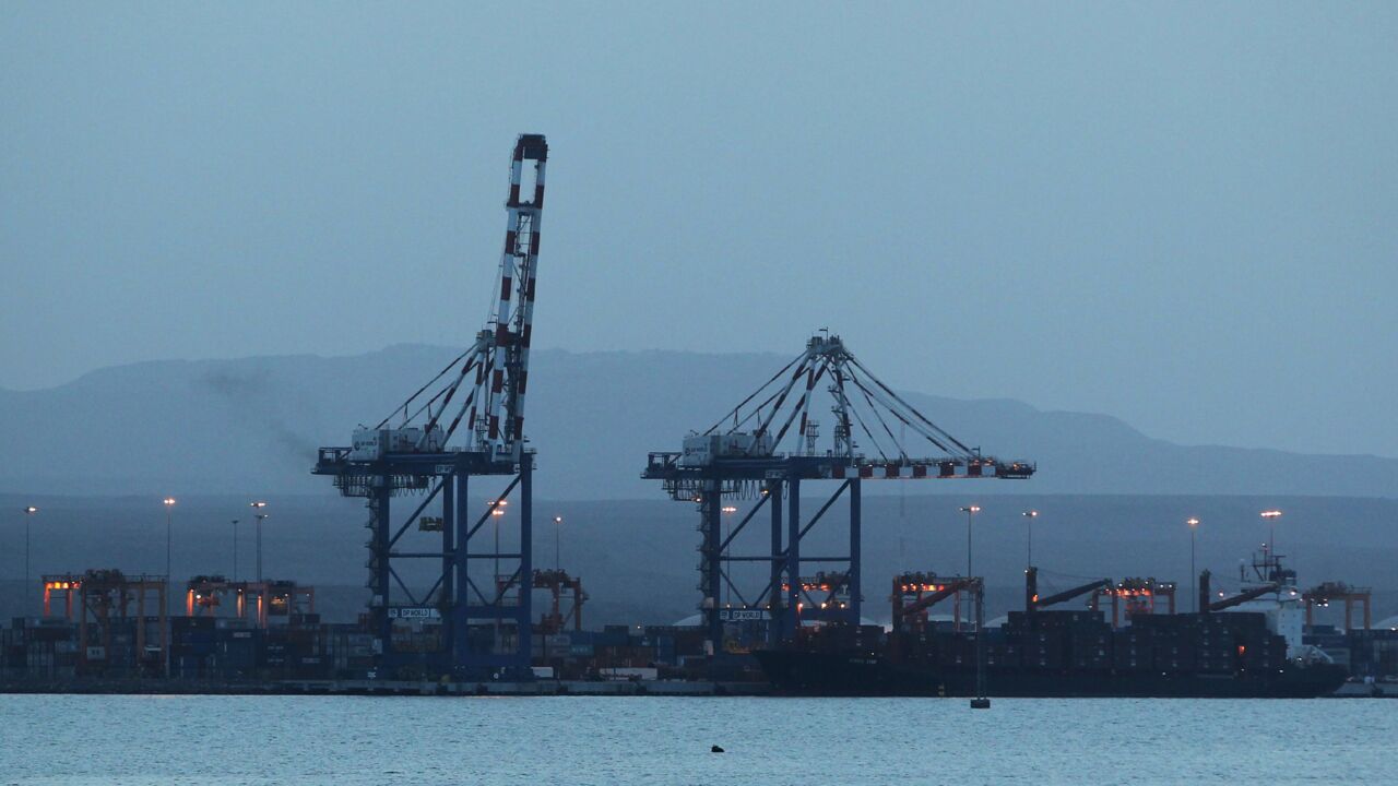 Cranes loom over the second cargo reception terminal on June 23, 2010, in Djibouti port, Djibouti. Djibouti is the main transit point for seabound goods coming and going from land-locked Ethiopia. 