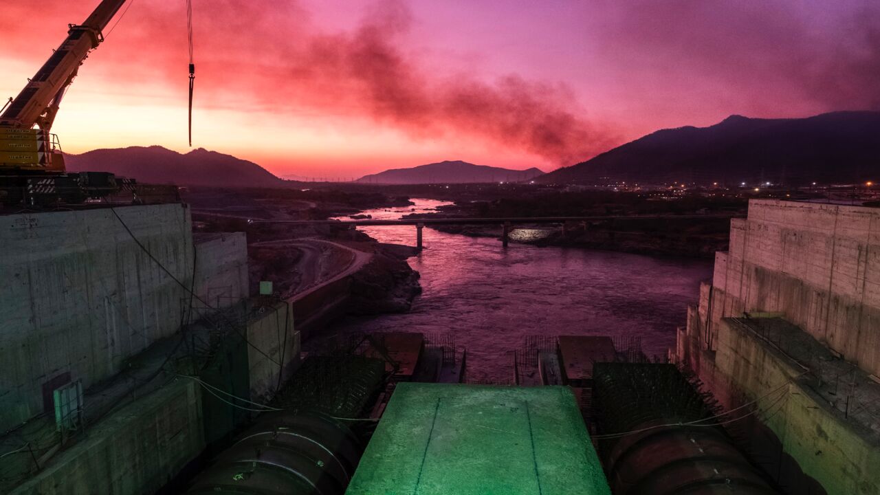 A general view of the Blue Nile river as it passes through the Grand Ethiopian Renaissance Dam (GERD), near Guba in Ethiopia, on Dec. 26, 2019. 