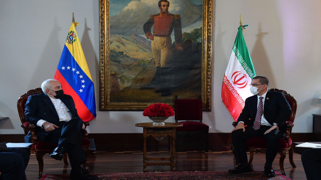 Foreign Minister of the Islamic Republic of Iran Javad Zarif (L) meets with Venezuelan Foreign Minister Jorge Arreaza (R) at the Casa Amarilla palace in Caracas, on Nov. 5, 2020.