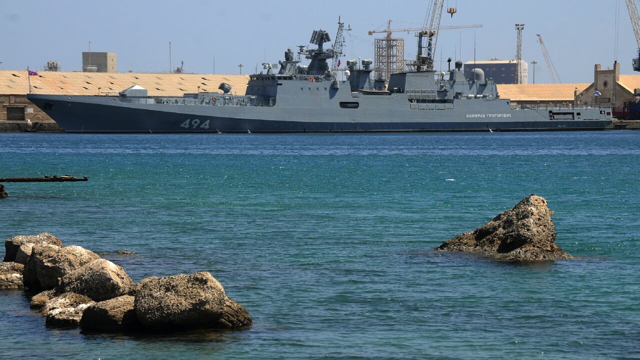 This picture taken on March 1, 2021, shows a view of the Russian Navy frigate RFS Admiral Grigorovich (494), anchored in Port Sudan.