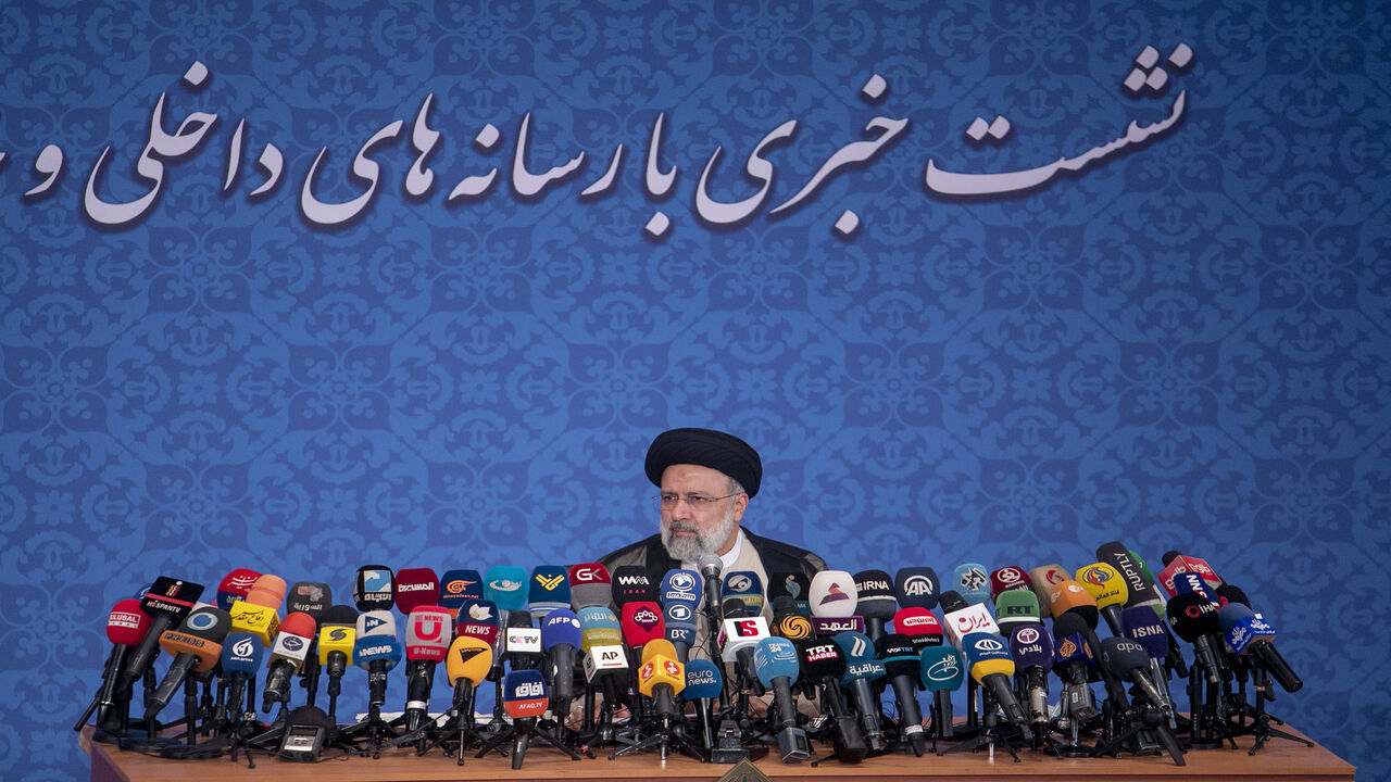 Iranian President-elect Ebrahim Raisi holds a press conference at Shahid Beheshti conference hall, Tehran, Iran, June 21, 2021.