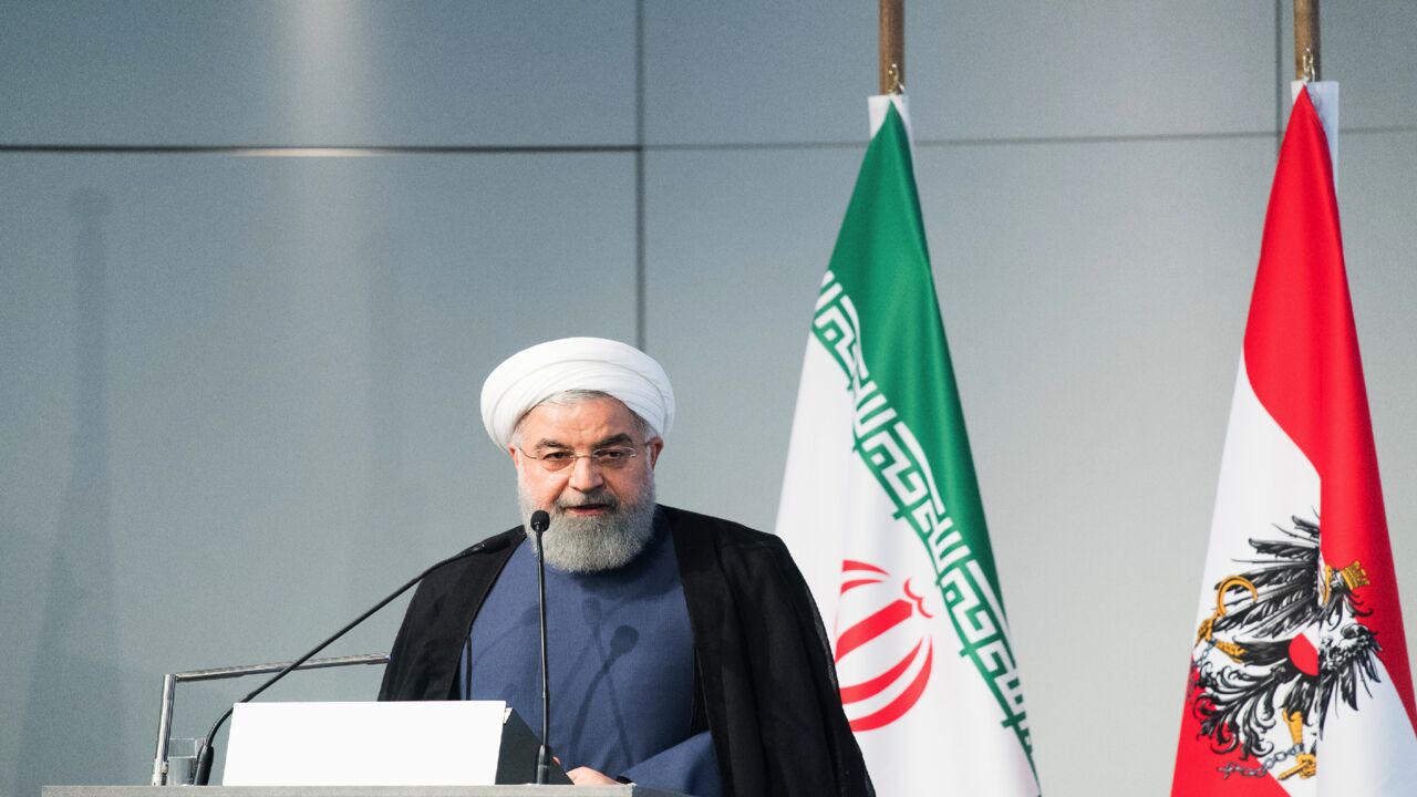 Iranian President Hassan Rouhani speaks at the Austrian Chamber of Commerce on July 4, 2018, in Vienna, Austria.
