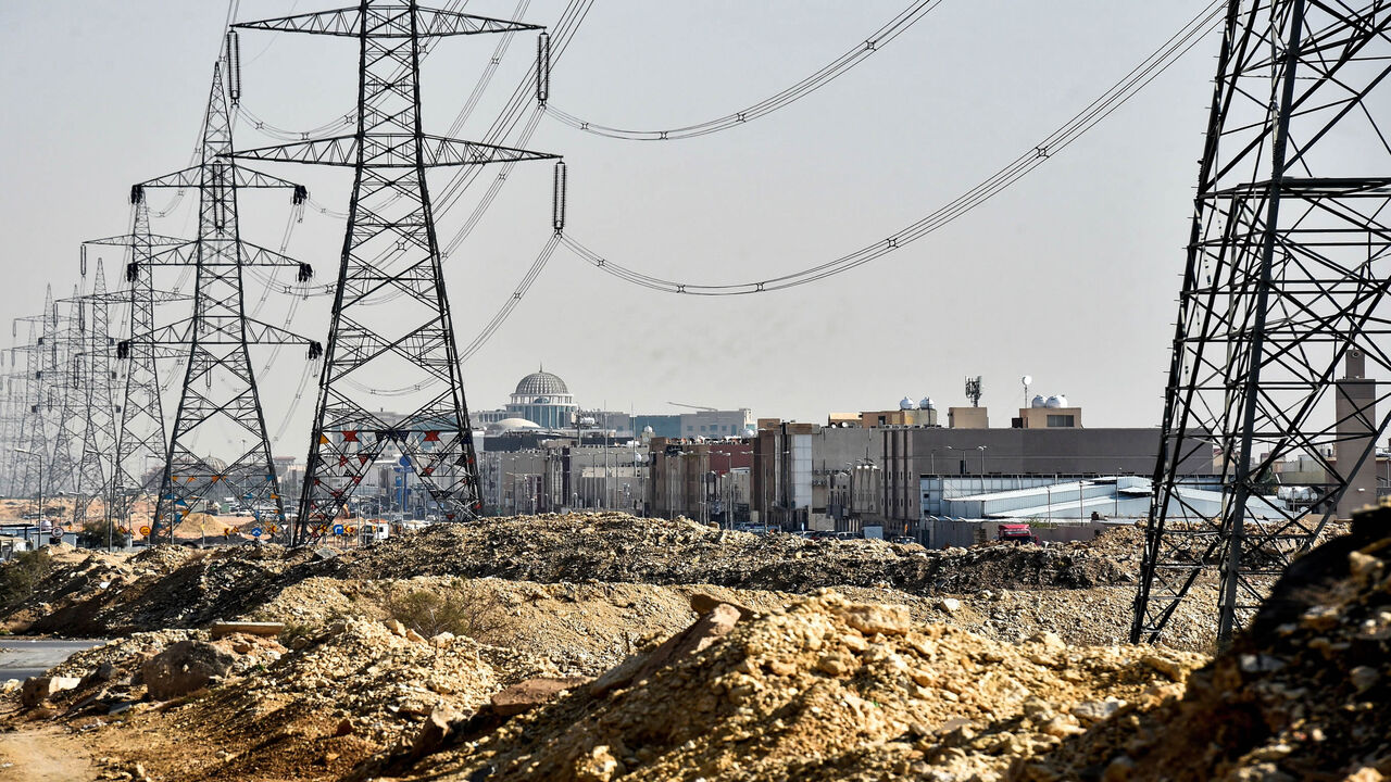 This picture shows a view of electricity transmission towers, Riyadh, Saudi Arabia, Dec. 18, 2018.