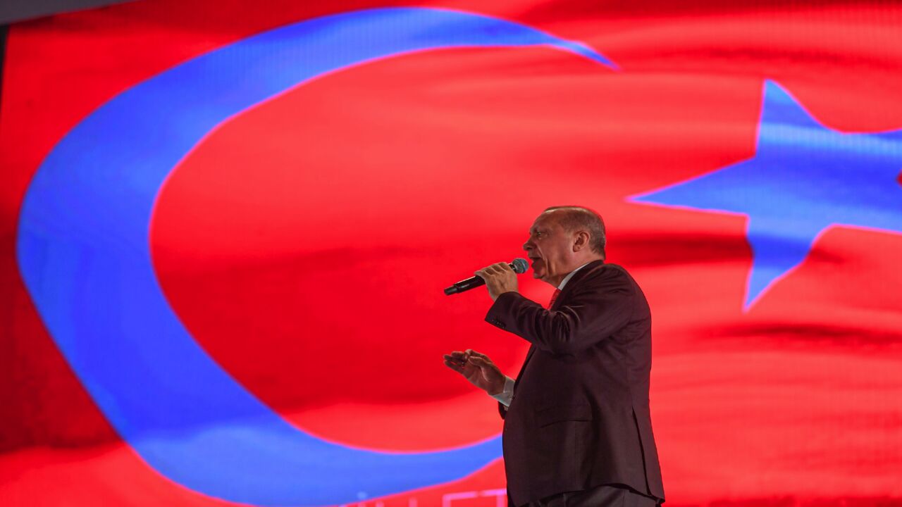 Turkish President Recep Tayyip Erdogan speaks during a rally at the Ataturk International Airport in Istanbul on July 15, 2019.