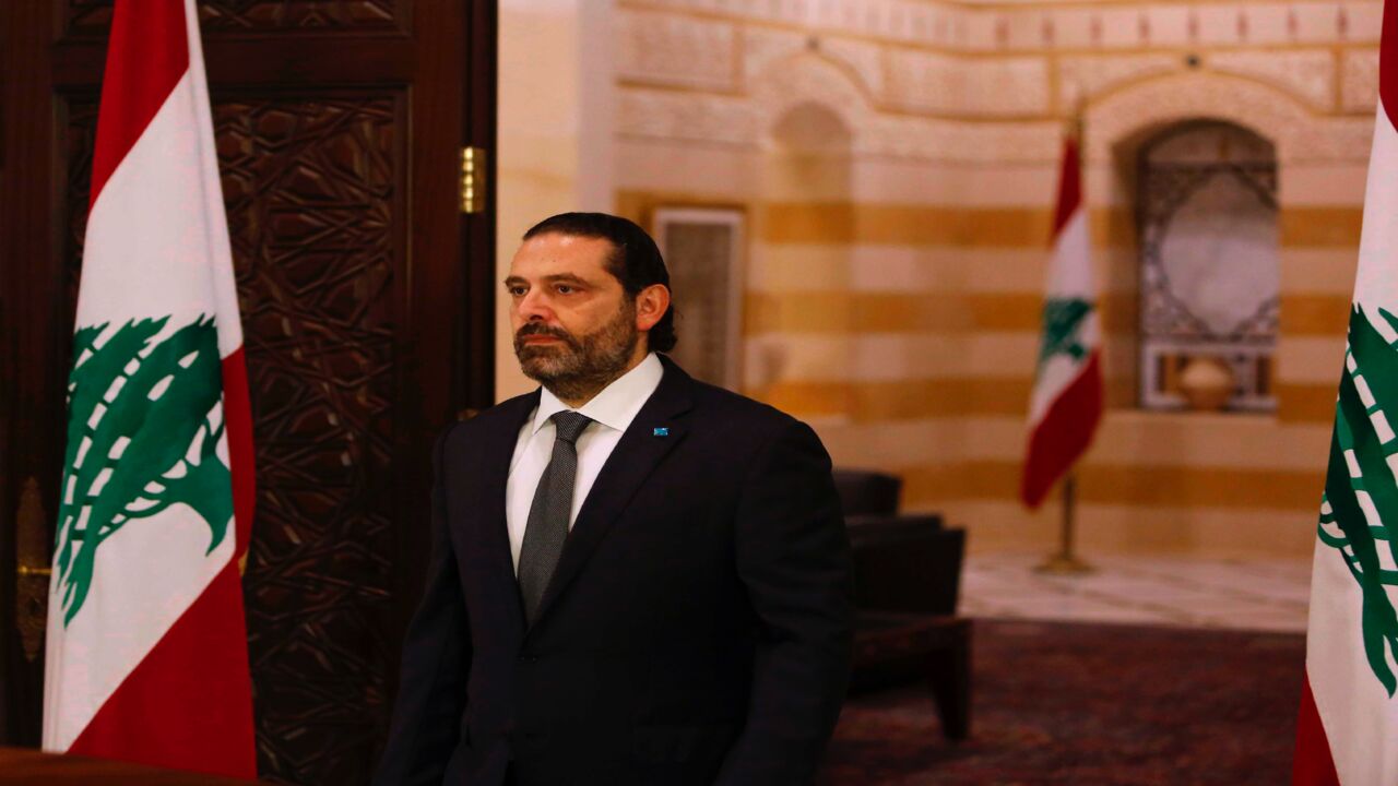 Lebanese Prime Minister Saad Hariri prepares to give an address at the government headquarters in the center of the capital, Beirut, on Oct. 18, 2019.