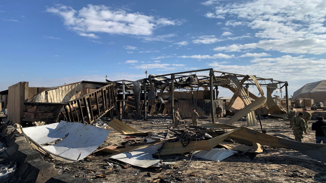 A picture taken on January 13, 2020, during a press tour organized by the US-led coalition fighting the remnants of the Islamic State, shows a view of the damage at Ain al-Asad military air base housing US and other foreign troops in the western Iraqi province of Anbar. 