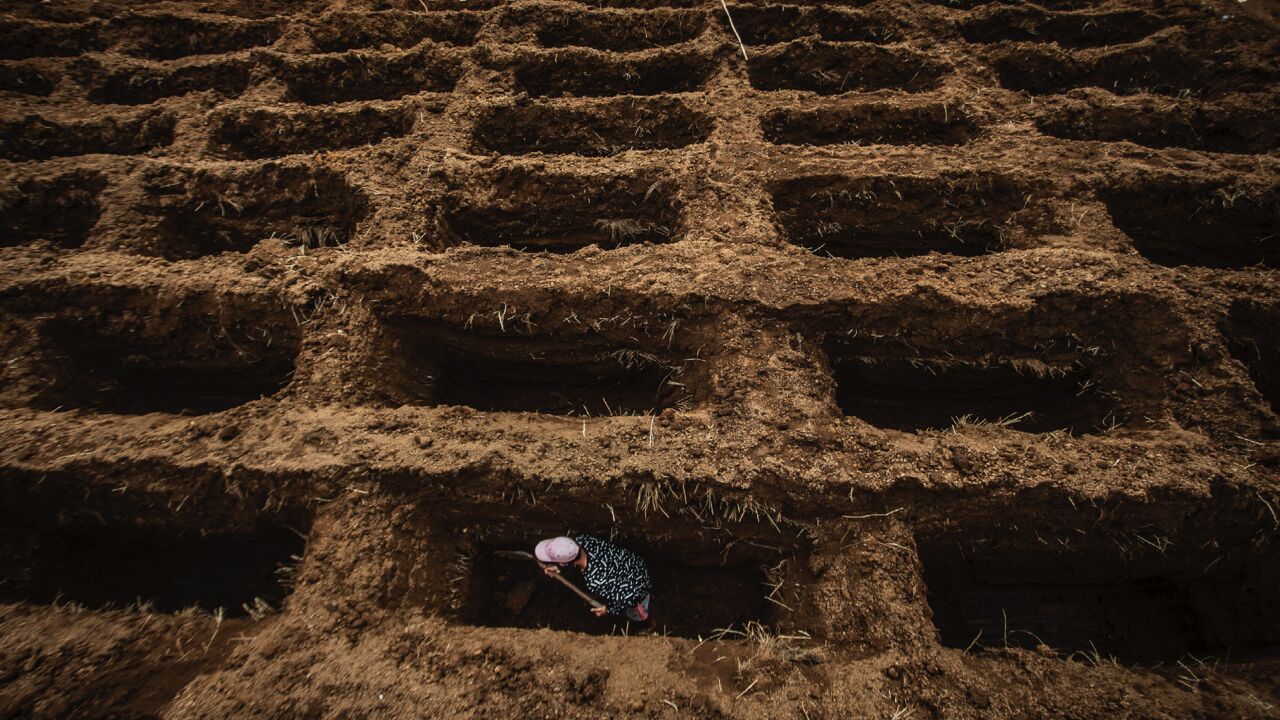 A cemetery worker digs grave holes for victims of the COVID-19 coronavirus at Setu Gede cemetery in Bogor, West Java, Indonesia, on July 22, 2021. 