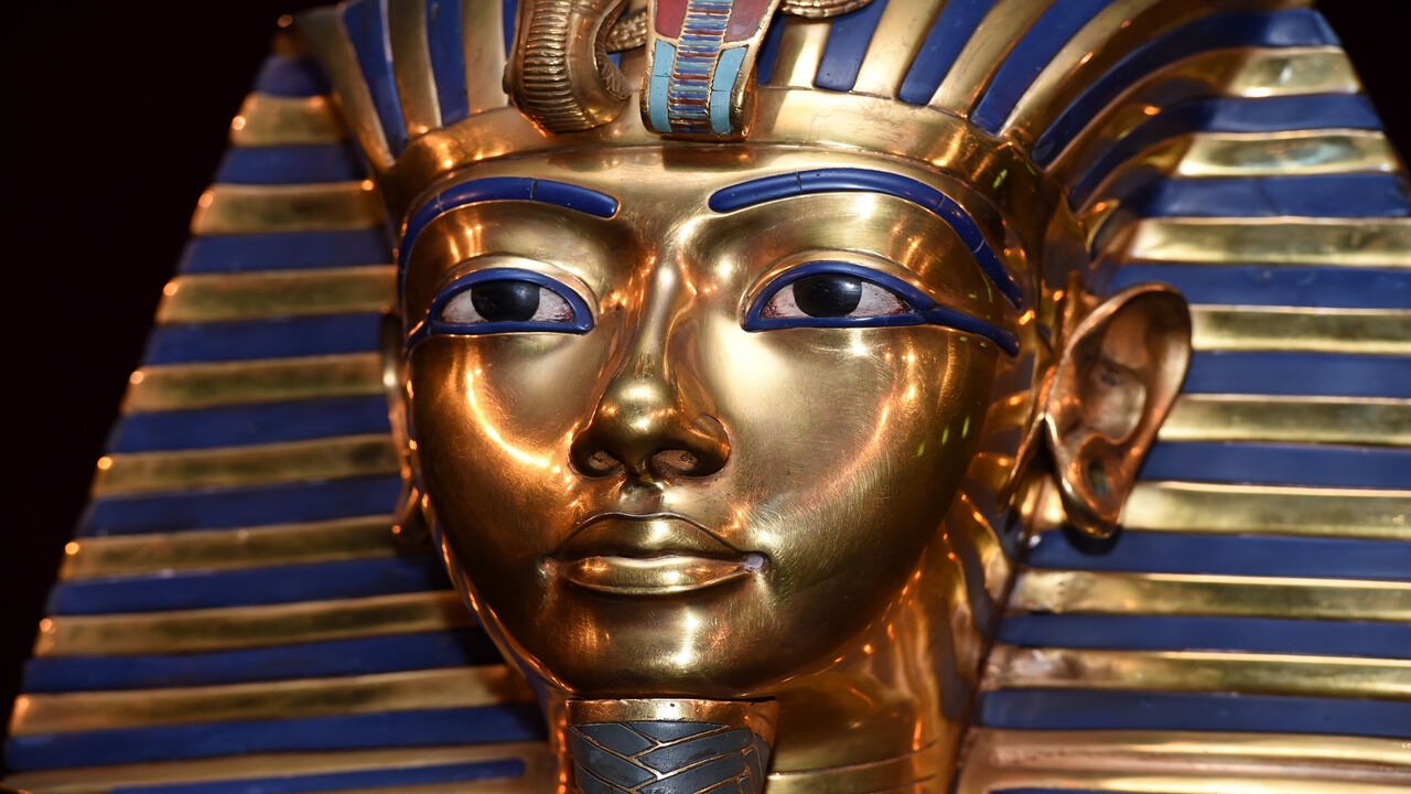 The burial mask of Egyptian Pharaoh Tutankhamun is shown during the 'Tutanchamun - Sein Grab und die Schaetze' Exhibition Preview at Kleine Olympiahalle, Munich, Germany, April 2, 2015 .