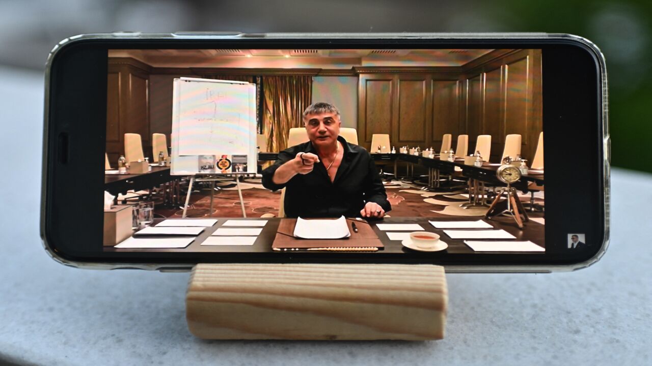 A photograph taken on May 26, 2021, in Istanbul shows Sedat Peker speaking on his YouTube channel. 