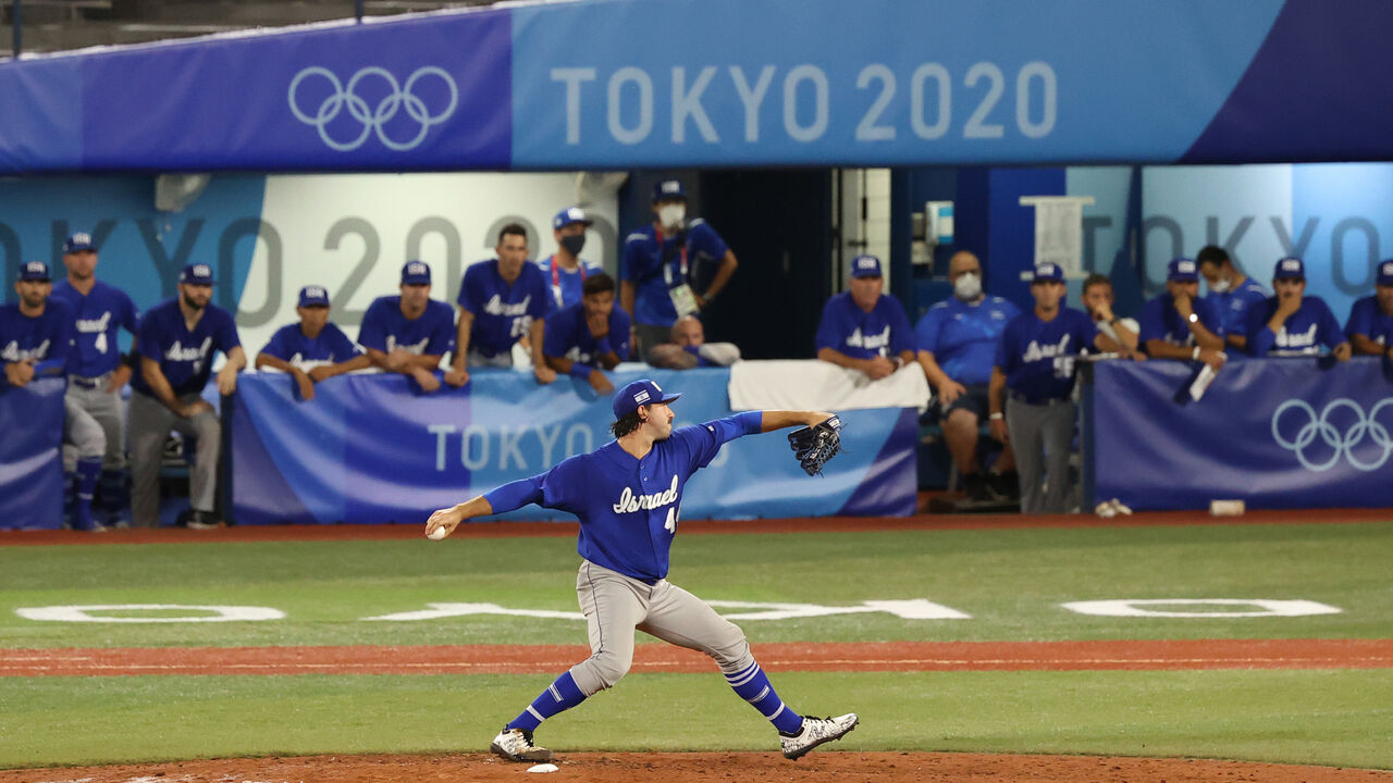 Zachary Weiss #44 of Team Israel pitches in the ninth inning against Team Dominican Republic during the knockout stage of men's baseball on day eleven of the Tokyo 2020 Olympic Games at Yokohama Baseball Stadium on Aug. 3, 2021 in Yokohama, Japan.