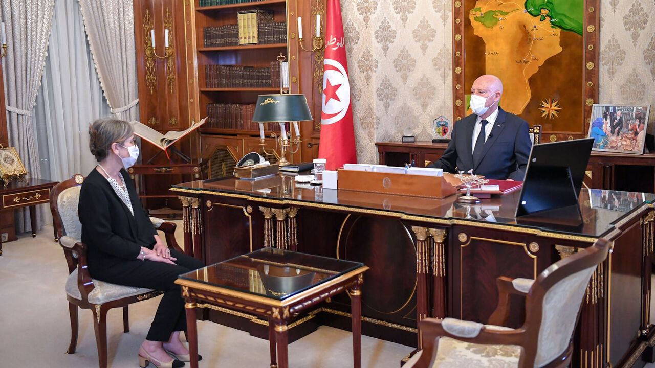 Tunisian President Kais Saied meets with newly appointed Prime Minister Najla Bouden Romdhan in Tunis on Sept. 29.