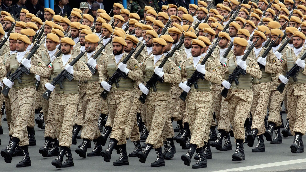 Iranian soldiers march during a military parade as they mark the country's annual army day in Tehran, on April 18, 2019. 