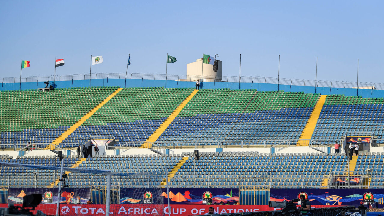 This picture shows empty stands prior to the 2019 Africa Cup of Nations soccer match between Senegal and Algeria at the June 30 Stadium, Cairo, Egypt, June 27, 2019.