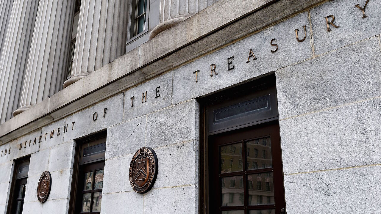 An exterior view of the building of US Department of the Treasury is seen on March 27, 2020 in Washington, DC. 