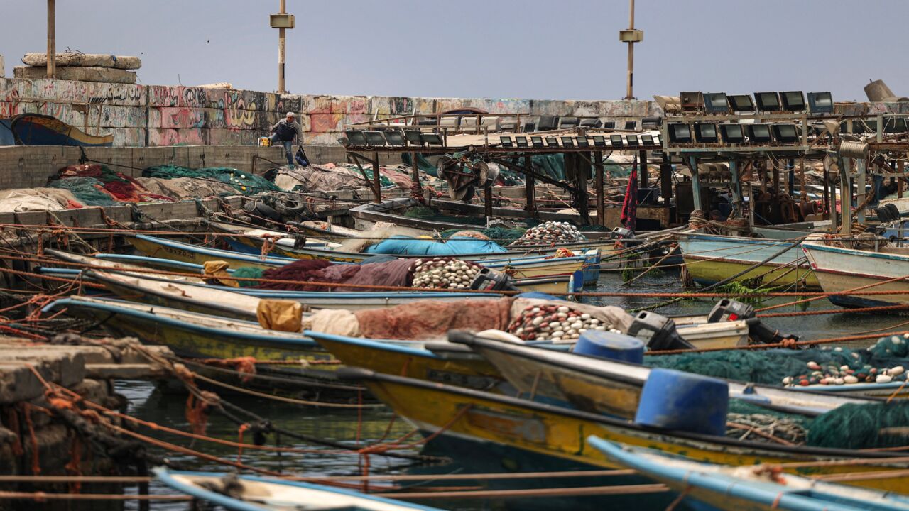 This picture taken on April 26, 2021, shows a view of fishing boats moored at the fishing port of Gaza City.