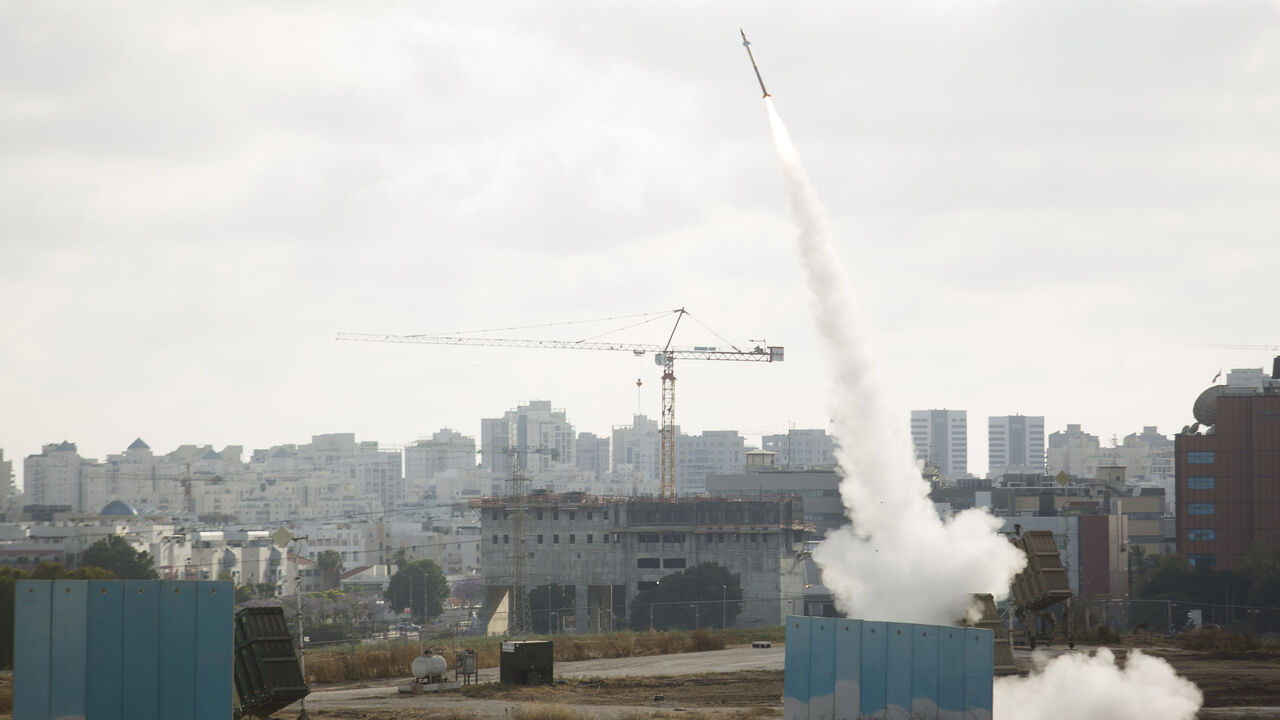Israel's Iron Dome anti missile system launches to intercept a rocket on May 20, 2021 in Sderot, Israel.