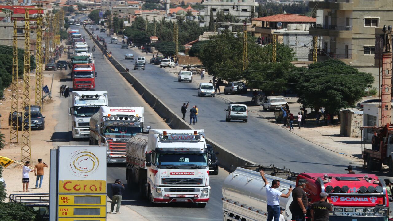 Tankers carrying Iranian fuel arrive from Syria at al-Ain in Hermel in east Lebanon's Bekaa Valley on Sept. 16, 2021. 