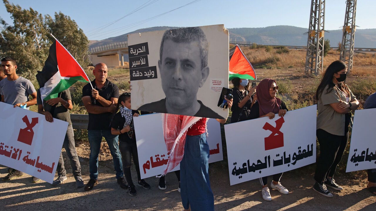 Arab-Israelis gather outside the Gilboa prison in northern Israel on Sept. 18, 2021, to express their support of the Palestinian prisoners in Israeli jails.