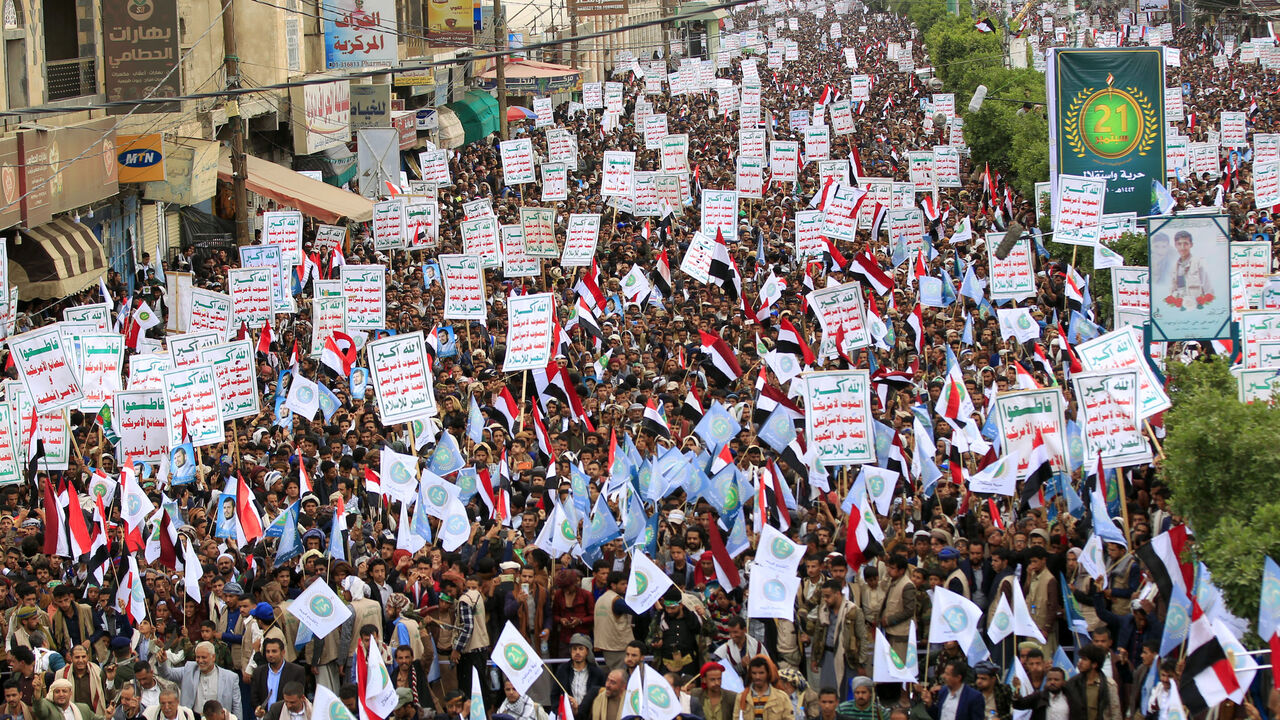 Yemeni supporters of the Shiite Huthi movement take part in a ceremony commemorating the seventh anniversary of the Huthi takeover of the capital Sanaa on Sept. 21, 2021. The conflict in Yemen flared in 2014 when the Huthis seized the capital, prompting Saudi-led intervention to prop up the internationally recognized government the following year.