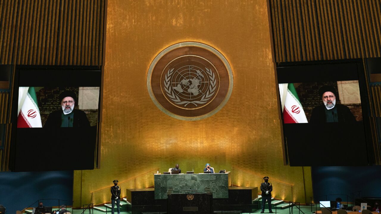 Iran's President's Ebrahim Raisi remotely addresses the 76th Session of the UN General Assembly on Sept. 21, 2021, in New York.