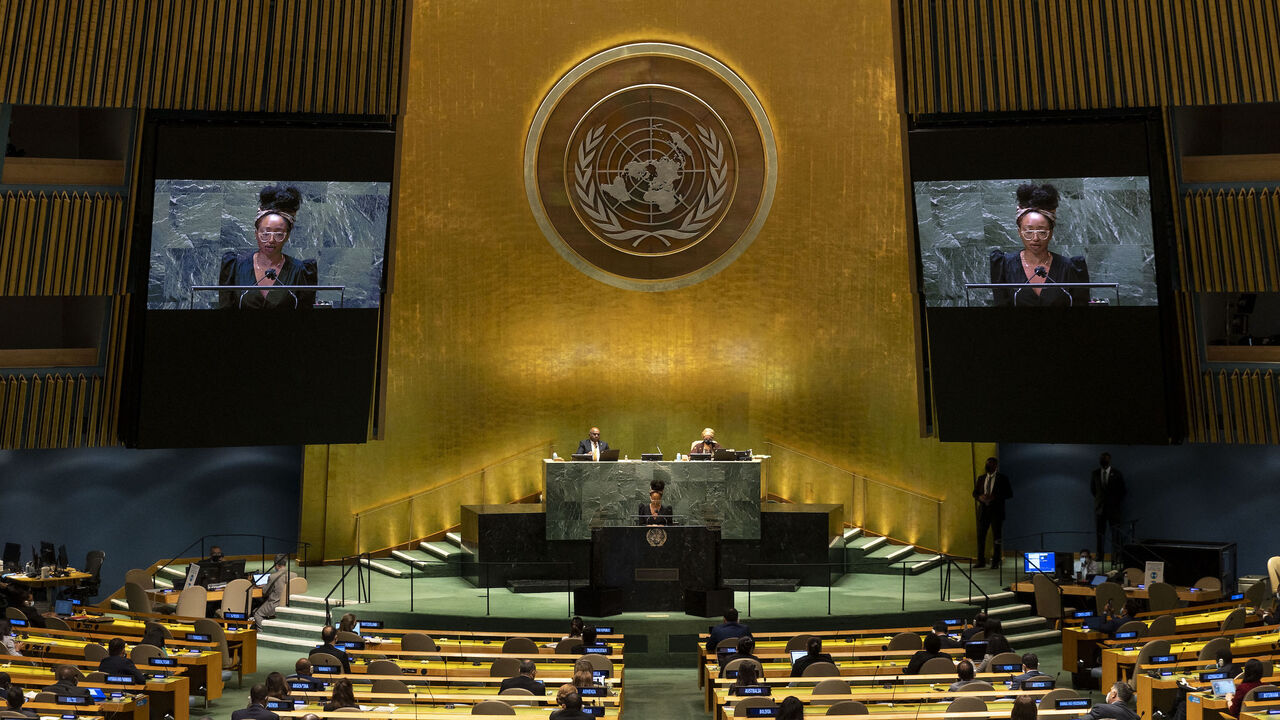 Catherine Labiran, the founder of The Praxis Project, addresses a high-level meeting to commemorate the twentieth anniversary of the adoption of the Durban Declaration being held during the UN General Assembly 76th session General Debate at the United Nations Headquarters on Sept. 22, 2021 in New York.