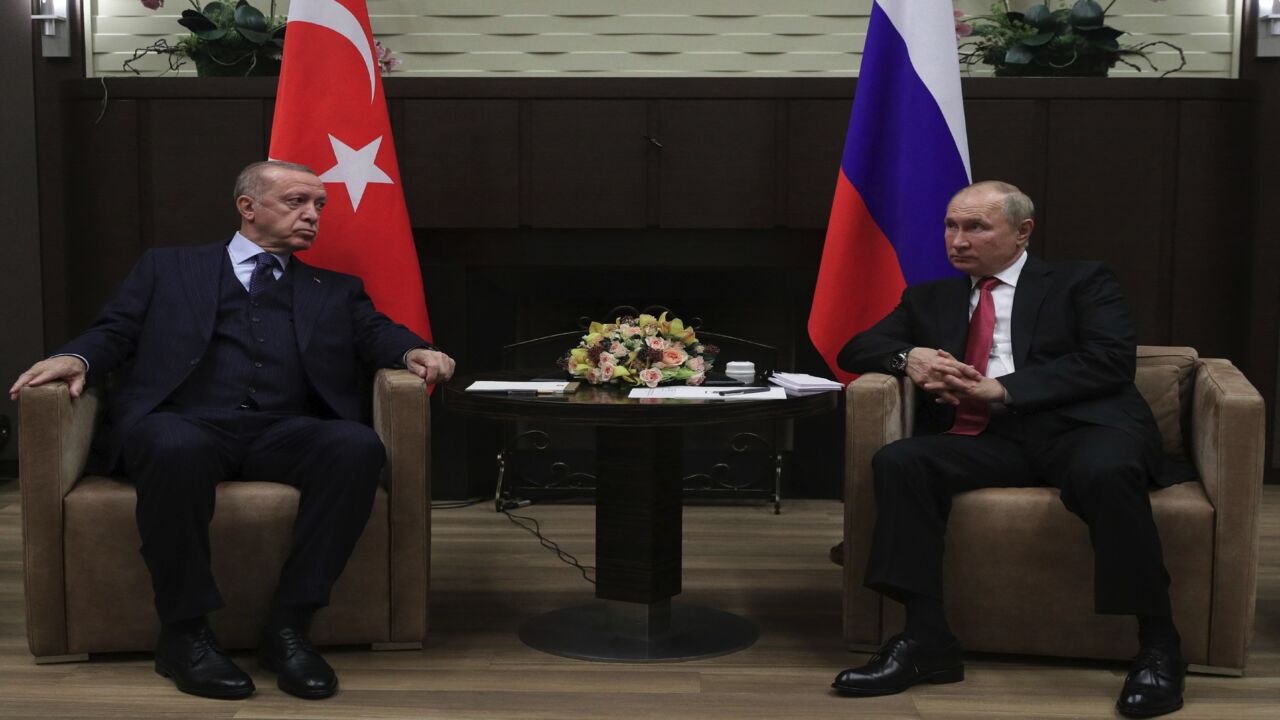 Russian President Vladimir Putin meets with his Turkish counterpart Recep Tayyip Erdogan in Sochi on Sept. 29, 2021.