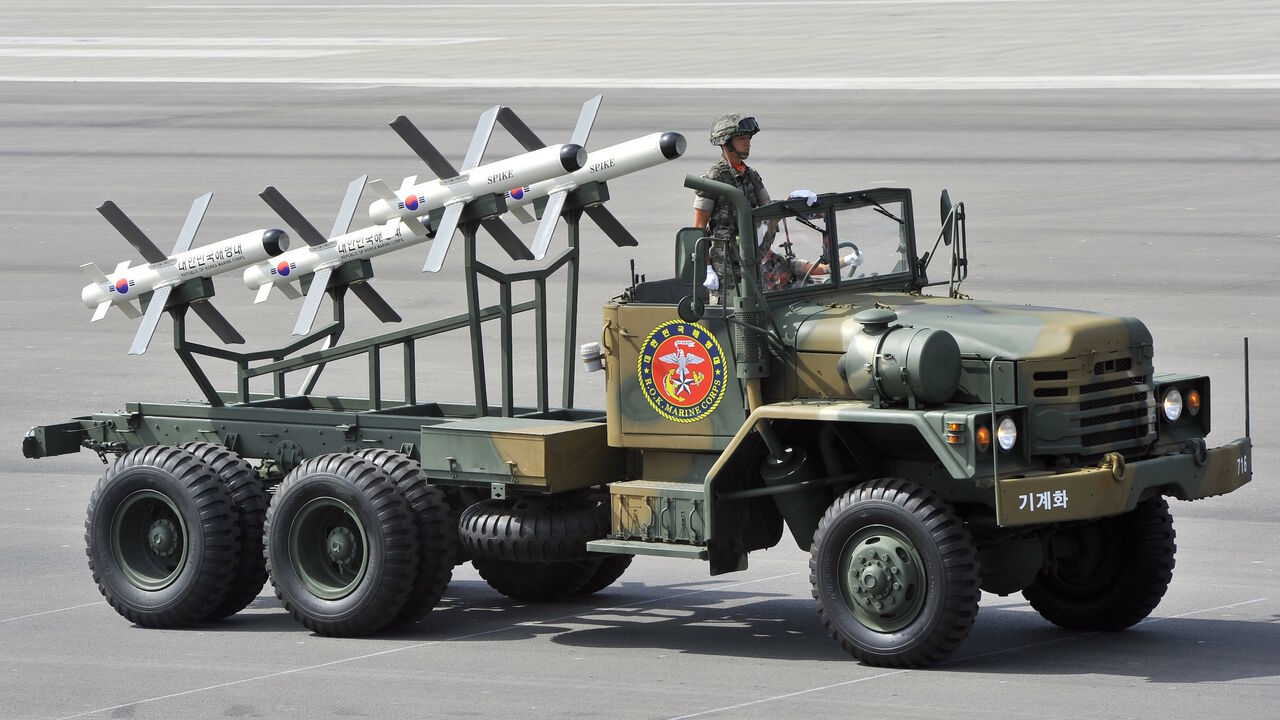 Israeli-made Spike missiles, which are capable of striking North Korea's underground facilities with satellite-guidance system, are on parade during a ceremony marking the 65th anniversary of the founding of South Korea's Armed Forces at an air base in Seongnam, south of Seoul, on Oct. 1, 2013. 