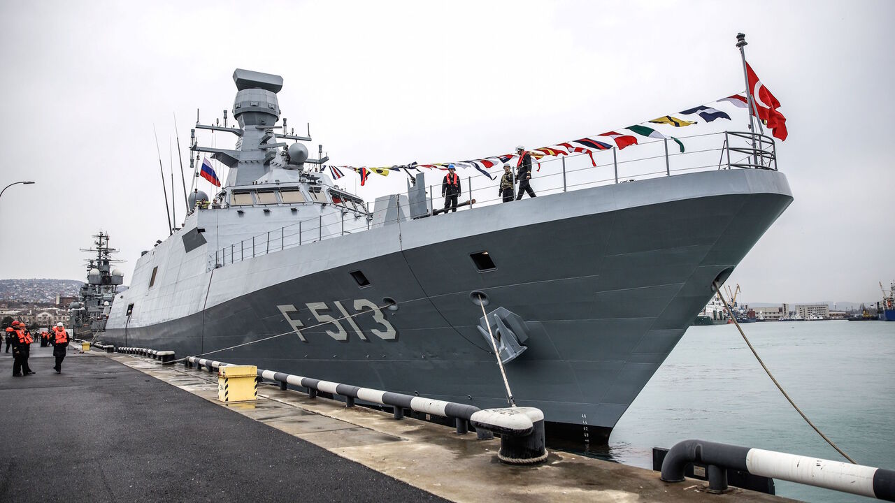 The corvette Burgazada of the Naval Forces of Turkey moors at the harbour of the Russian port of Novorossiysk on March 6, 2019.