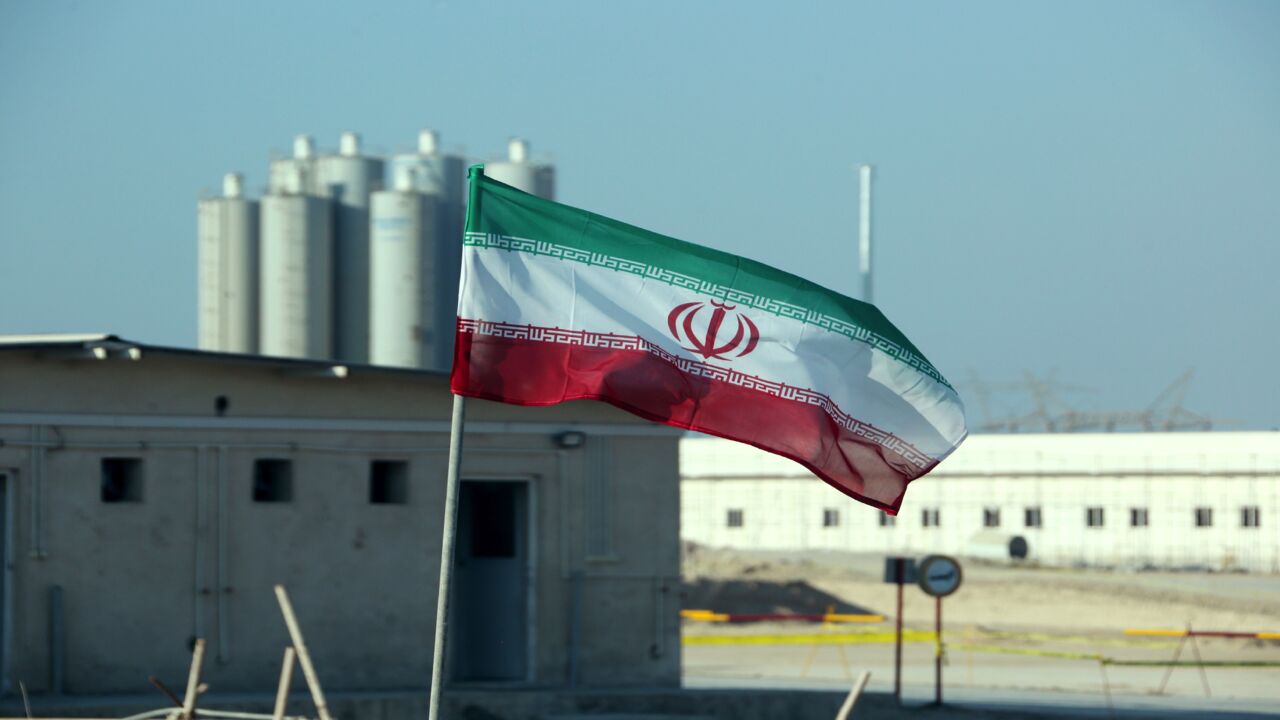 A picture taken on Nov. 10, 2019, shows an Iranian flag at Iran's Bushehr nuclear power plant.