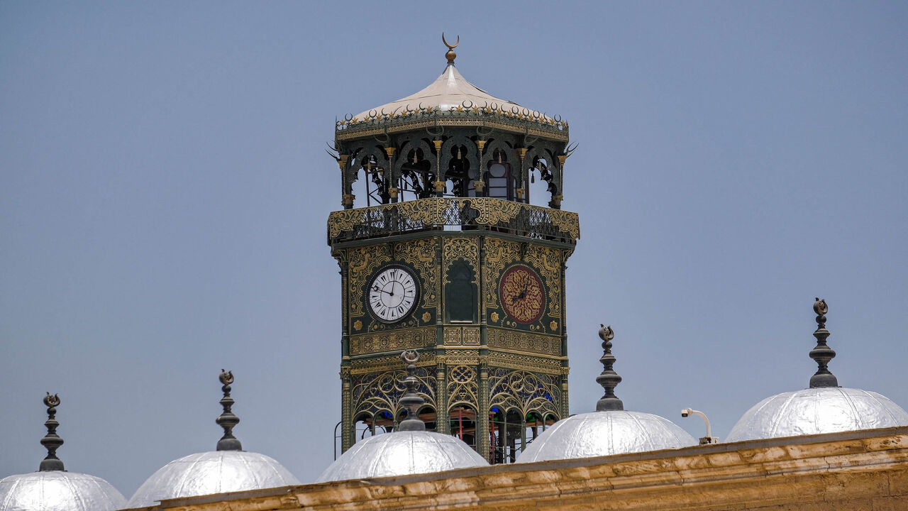 This picture shows a view of the clocktower of the 19th-century Ottoman mosque of Muhammad Ali Pasha at the Citadel in Cairo, Egypt, May 26, 2021.