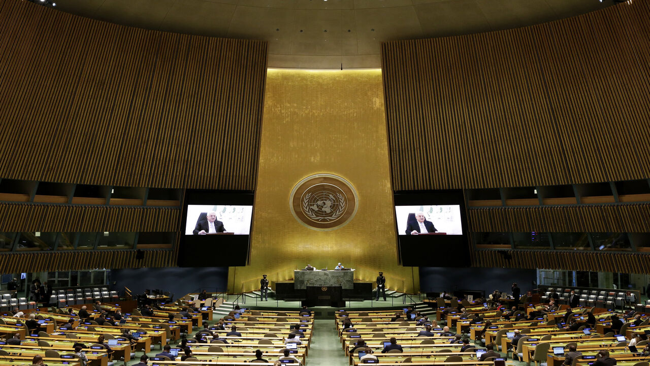 Palestinian President Mahmoud Abbas delivers a speech remotely at the 76th Session of the United Nations General Assembly meeting at UN headquarters, New York, Sept. 24, 2021.