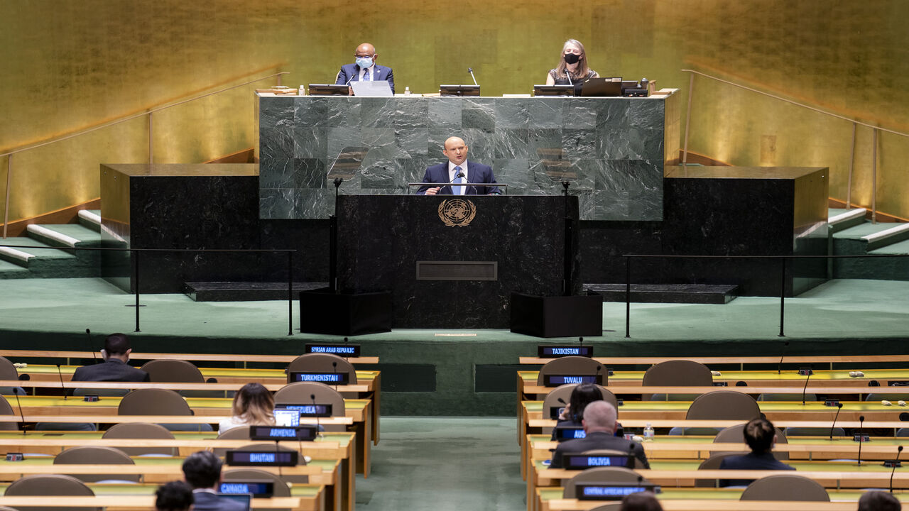 Israeli Prime Minister Naftali Bennett addresses the 76th Session of the United Nations General Assembly, United Nations headquarters, New York, Sept. 27, 2021.