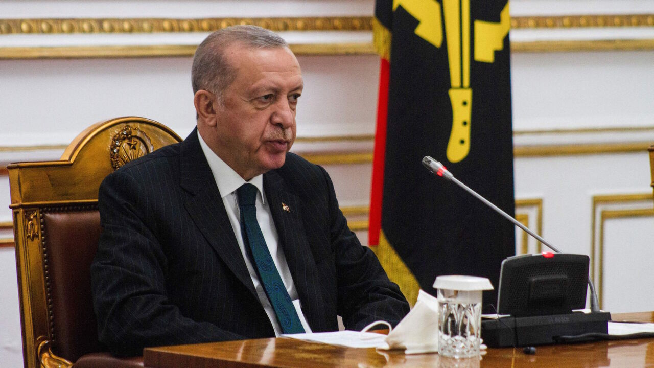 Turkish President Recep Tayyip Erdogan is seen during a official state visit to Angola at the Presidential Palace in Luanda on Oct. 18, 2021.
