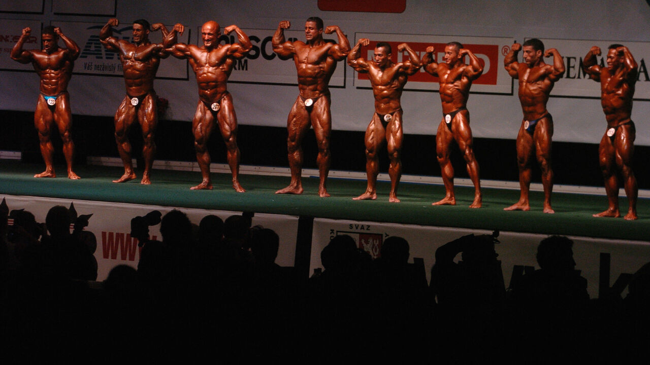 Winners of all categories (L-R) Kamal Abdull Salam of Qatar, Ali Tabrizi of Qatar, Robert Piotrkowicz of Poland, Ahmed Hamedy Mansour of Egypt, Sazali bin Abd Samad of Malaysia, Corrado Maggiore of Italy, Youssry Sayed Youssef of Egypt, and Sitthi Charoenrith of Thailand compete during 60th Men's World Amateur Bodybuilding Championship in Ostrava Oct. 29, 2006. 