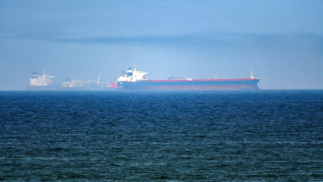 This picture taken on June 15, 2019, shows tanker ships in the waters of the Gulf of Oman.