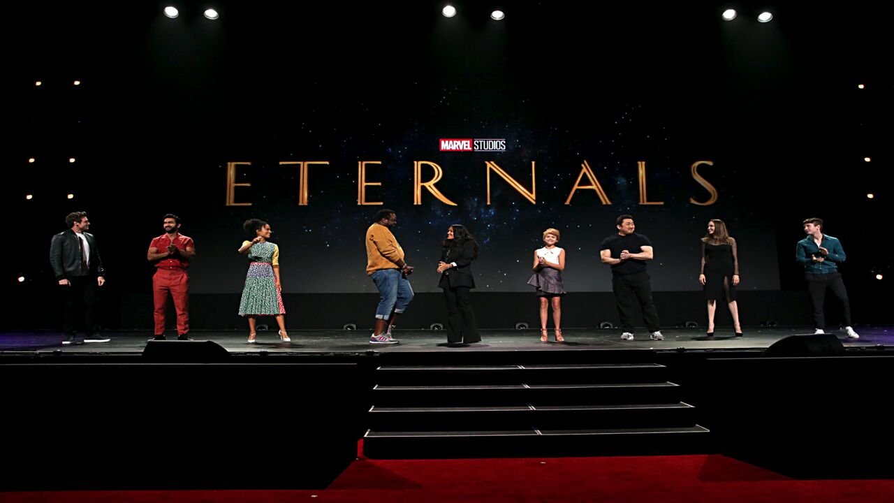 Richard Madden, Kumail Nanjiani, Lauren Ridloff, Salma Hayek, Lia McHugh, Don Lee, Angelina Jolie and Barry Keoghan of "Eternals."