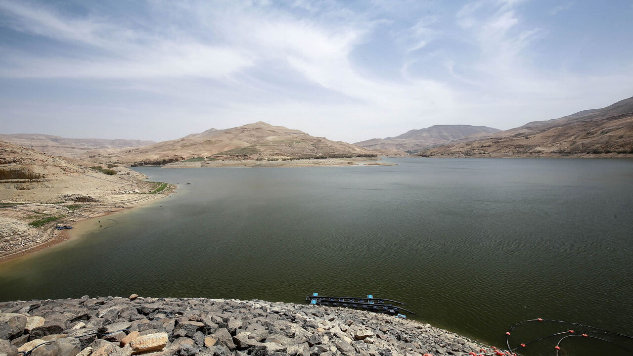 This picture shows a view of the reservoir of the Mujib Dam, the main water supply to Amman, in Madaba governorate, Jordan, April 20, 2021.