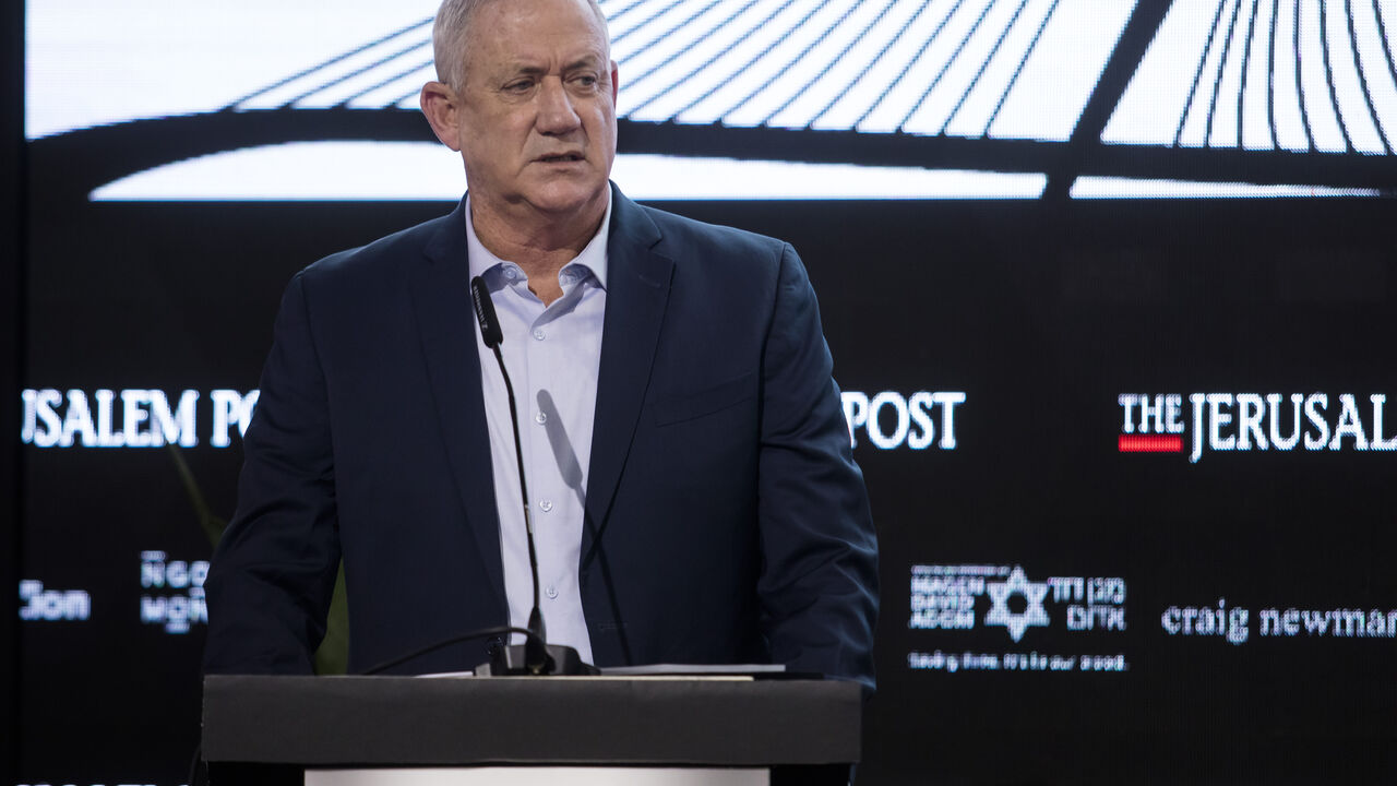 Israeli Minister of Defense Benny Gantz speaks at Jerusalem Post's annual conference, Jerusalem, Oct. 12, 2021.