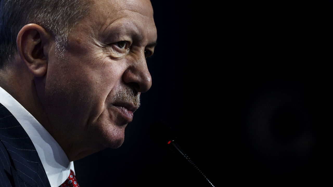 Turkish president Recep Tayyip Erdogan attends a press conference at the end of the Rome G20 Summit, on Oct. 31, 2021 in Rome, Italy.