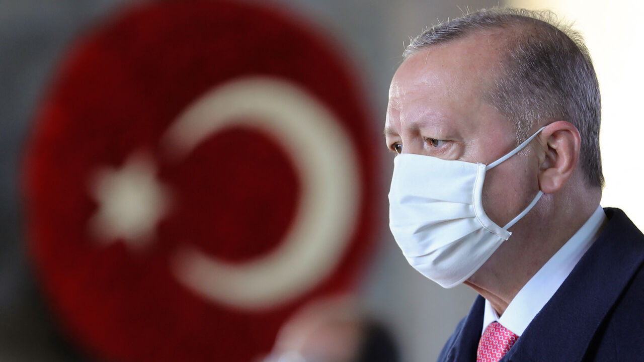 Turkish President Recep Tayyip Erdogan attends a ceremony at Anitkabir, the mausoleum of Turkish Republic's Founder Mustafa Kemal Ataturk, during the 83rd anniversary of his death, in Ankara on Nov. 10, 2021.