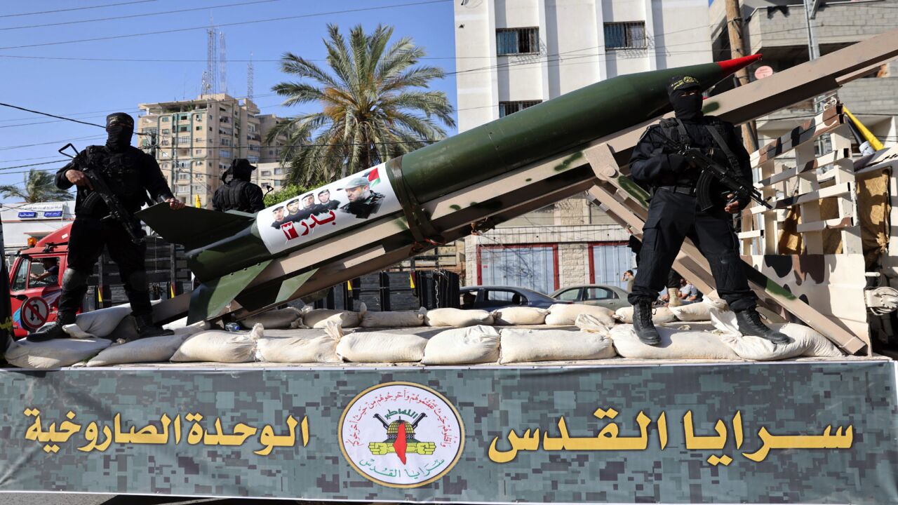 Fighters with the Saraya al-Quds Brigades, the armed wing of the Palestinian Islamic Jihad movement, in the streets of Gaza City during a rally on May 29, 2021.