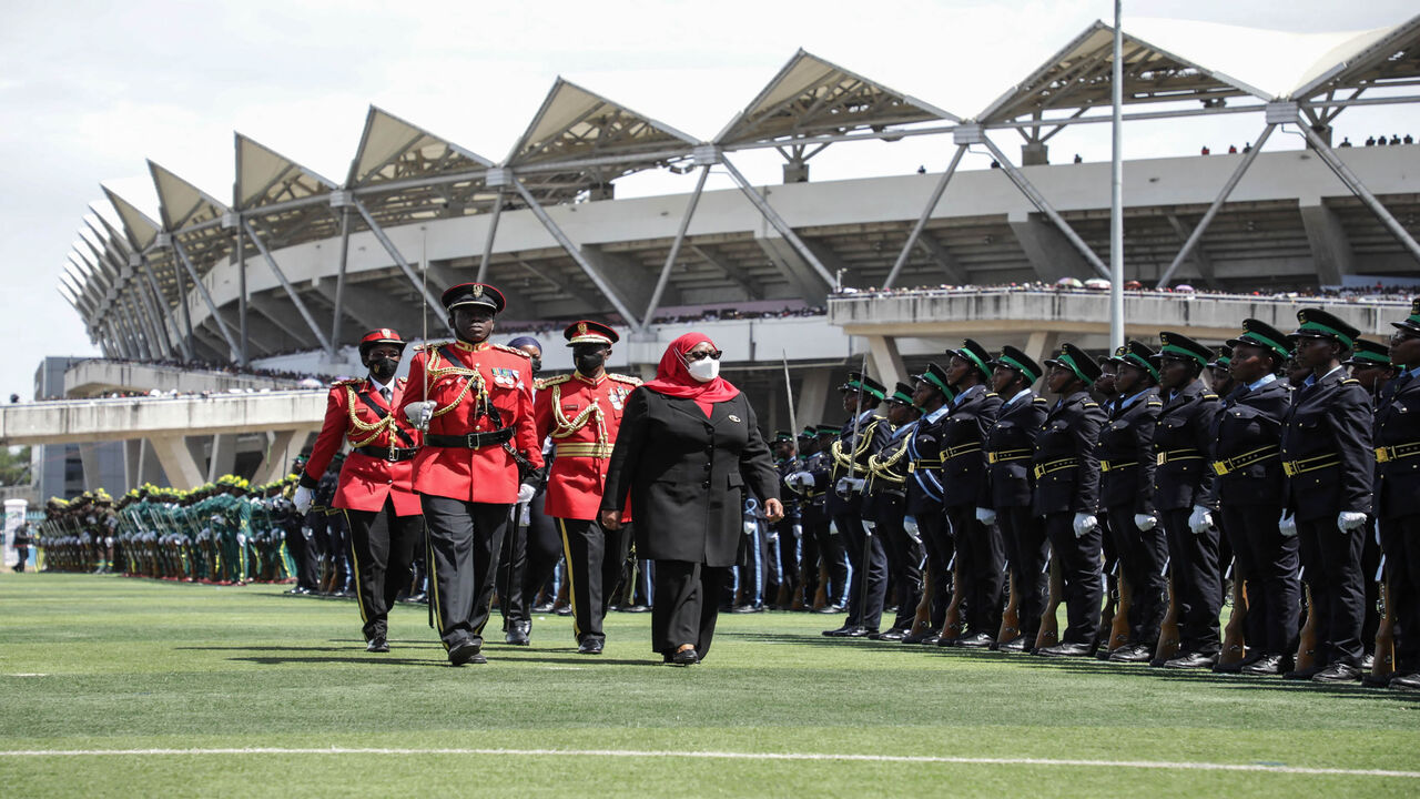 Tanzanian President Samia Suluhu Hassan (R) attends the 60th anniversary of the Independence Day ceremony at the National Stadium, Dar es Salaam, Tanzania, Dec. 9, 2021.