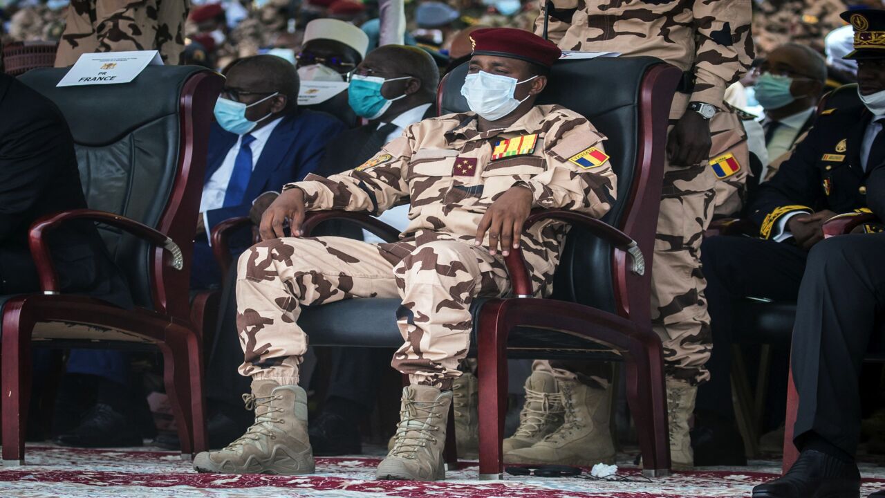 Mahamat Idriss Deby (C) sits in the honor tribune during the state funeral for his father, Chadian President Idriss Deby, in N'Djamena, on April 23, 2021.