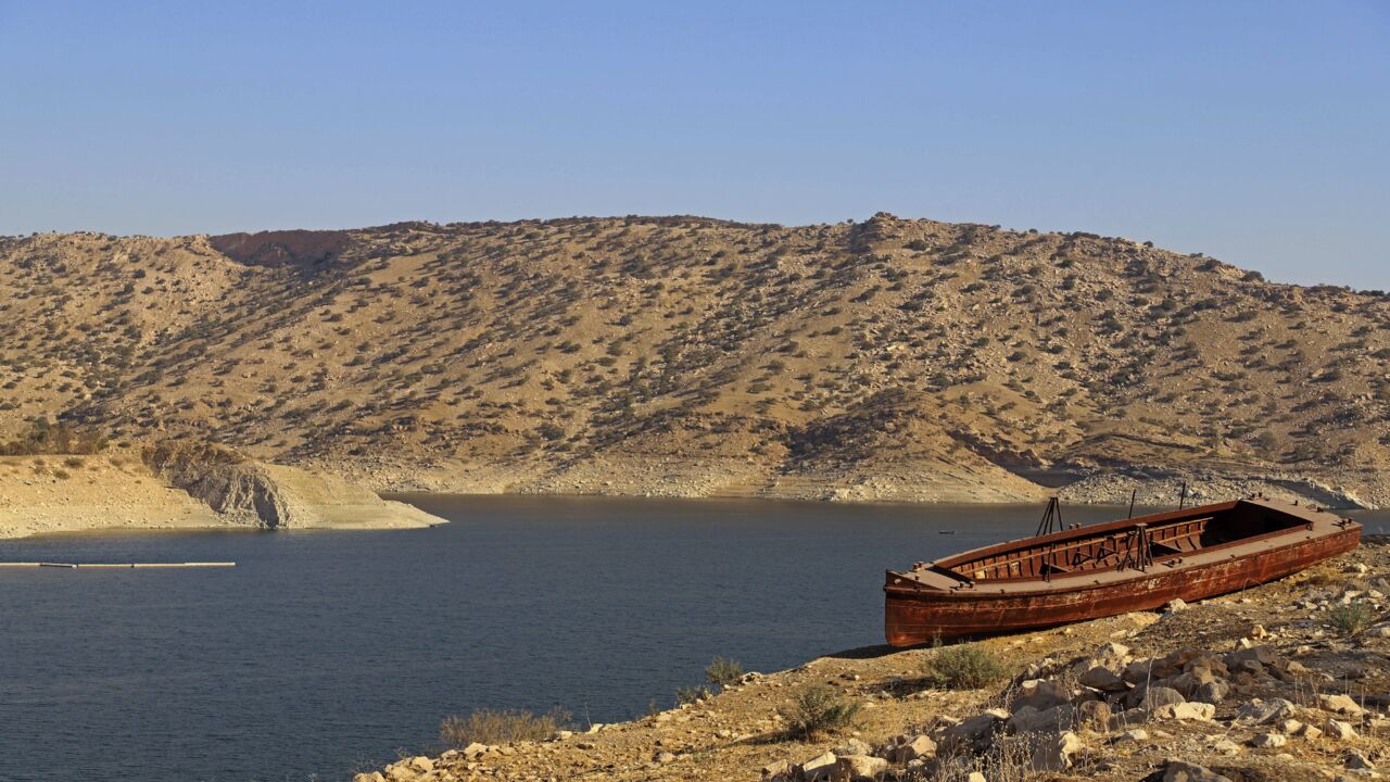 A picture taken Oct. 26, 2021, shows the Darbandikhan Dam after the water level had fallen by 7.5 meters in one year, in northeastern Iraq.