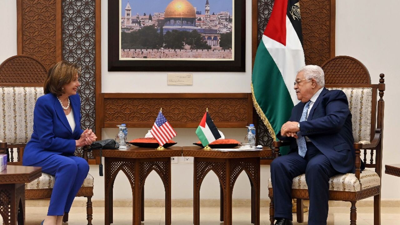 Palestinian president Mahmud Abbas (R) meets with the Speaker of the United States House of Representatives Nancy Pelosi on Thursday, in a picture provided by A handout picture provided by the Palestinian Authority's press office Palestinian president Mahmud Abbas (R) meets with the Speaker of the United States House of Representatives Nancy Pelosi on Thursday, in a picture provided by A handout picture provided by the Palestinian Authority's press office